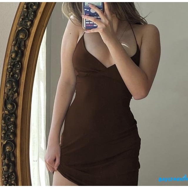 Đầm Ôm Hai Dây Cổ Chữ V Hở Lưng Màu Sắc Trơn Dành Cho Nữ