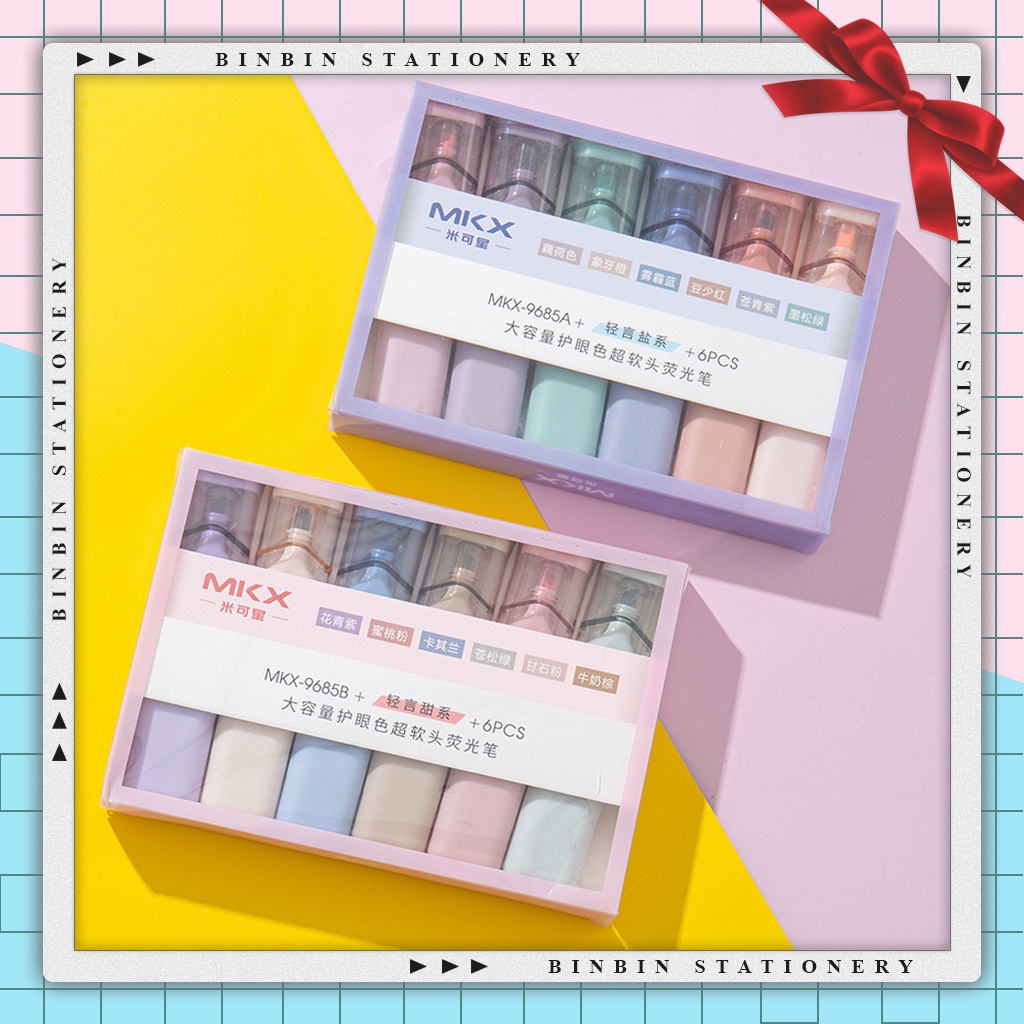 Bộ 6 Bút highlight loại lớn ngòi 4mm, tông màu pastel trang trí bullet, planer HL02
