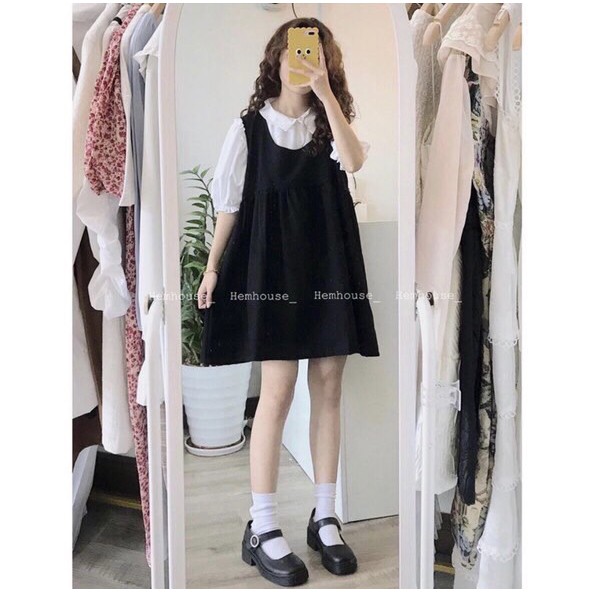 Set Yếm Sơ Mi Tay Lỡ PEONYB Nữ [FREESHIP] 🌸 Bộ đầm 2 dây đen kèm áo trắng bánh bèo tiểu thư Ulzzang HOT 🌸 | BigBuy360 - bigbuy360.vn