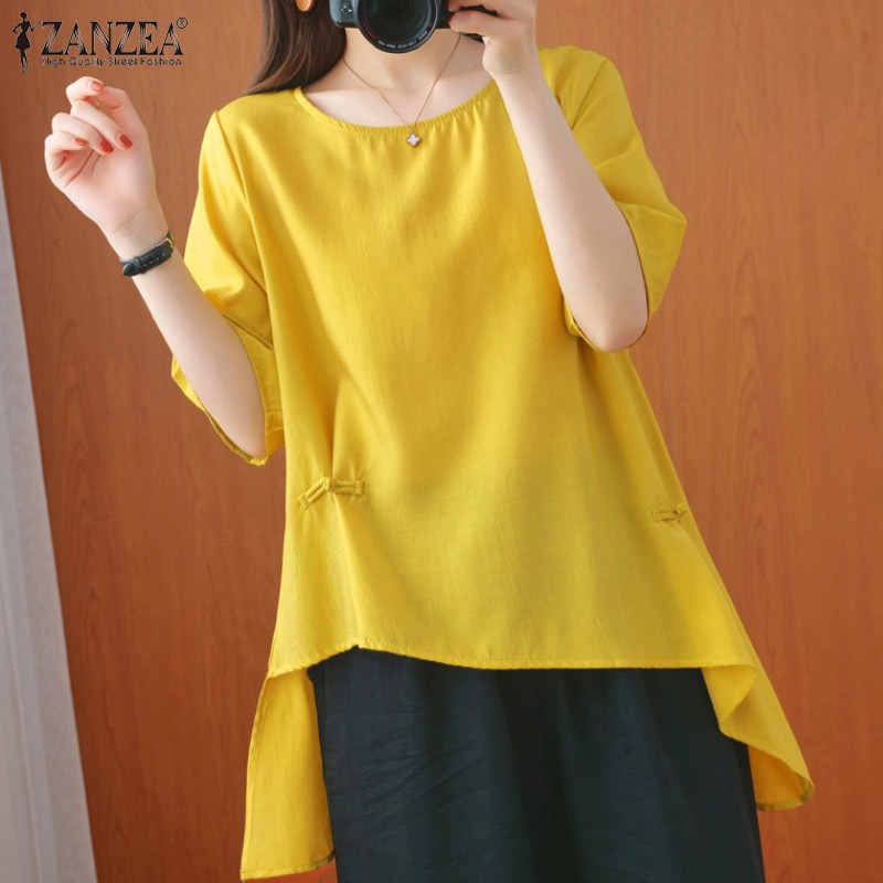 Zanzea Áo Thun Tay Ngắn Cổ Tròn Vạt Lệch Cá Tính Cho Nữ