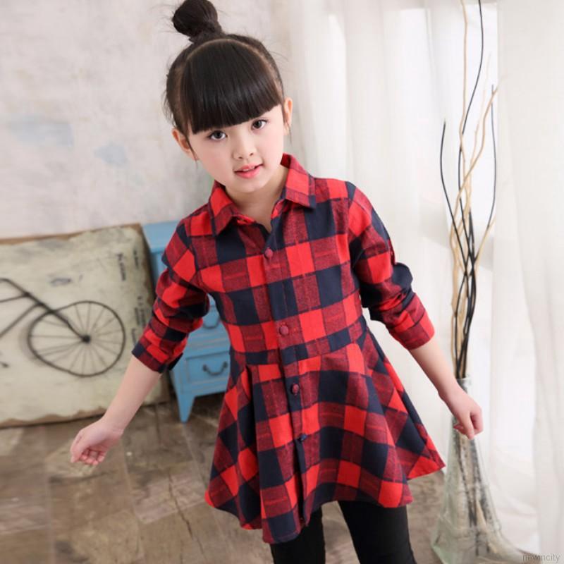 Đầm sơ mi sọc caro đỏ cho bé gái