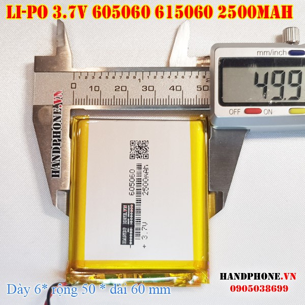 Pin Li-Po 3.7V 2500mAh 605060 615060 (Lithium Polymer) cho điện thoại, loa Bluetooth, định vị GPS, Camera hành trình