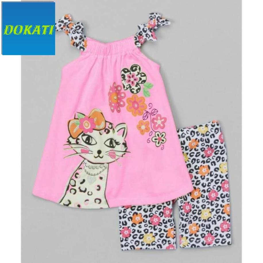 [NEW] Đồ bộ quần áo thun bé gái, kiểu cổ yếm in mèo, quần in hoa - Thời trang trẻ em - DOKATI (190196)