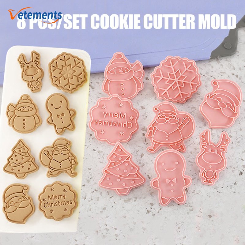 Bộ 8 Khuôn Làm Bánh Quy / Đồ Tráng Miệng Hình Cây Thông / Ông Già Noel / Tuần Lộc / Người Tuyết Hoạt Hình 3D DIY