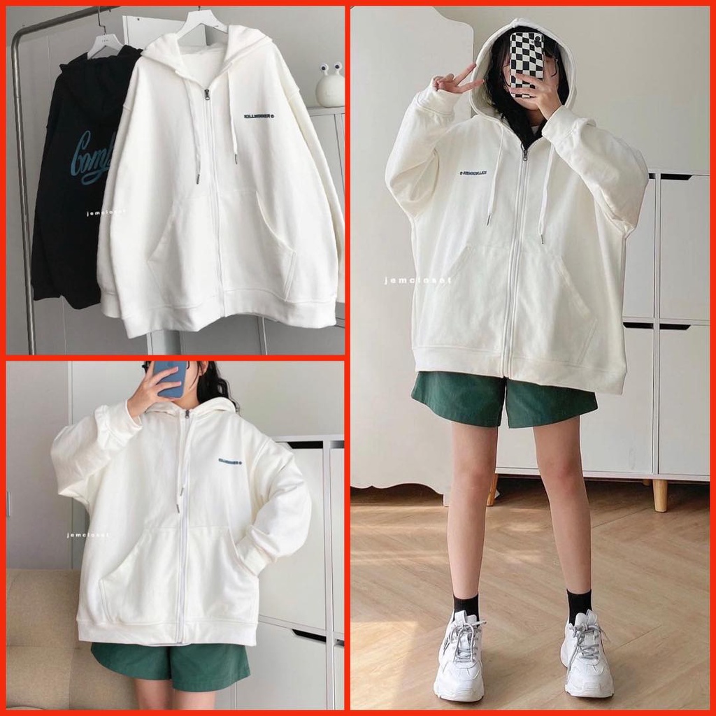 Hoodie zip khóa kéo form rộng tay bồng thể thao cá tính Ulzzang
