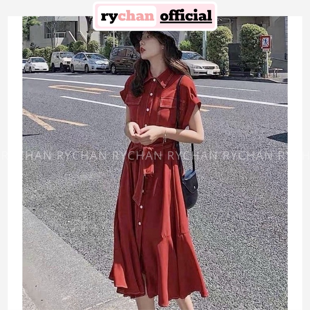 Đầm Công Sở Cổ Sơ Mi Túi Hộp Tay Ngắn Nút Trắng Thắt Eo Đuôi Cá Phối Viền Màu Đỏ Xanh Đen - DX9841
