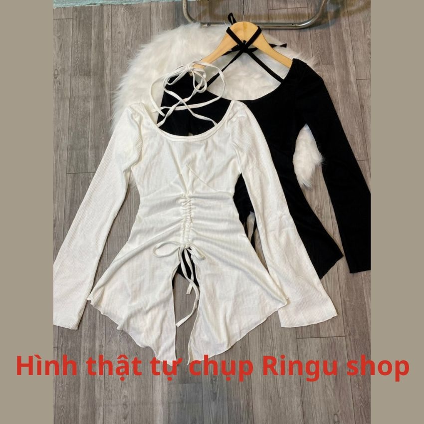 [Mã TOPADD giảm đến 20k đơn 150k] Áo thun body nữ rút eo kiểu tay loa dây chéo cổ chất thun gân- ringu shop | BigBuy360 - bigbuy360.vn
