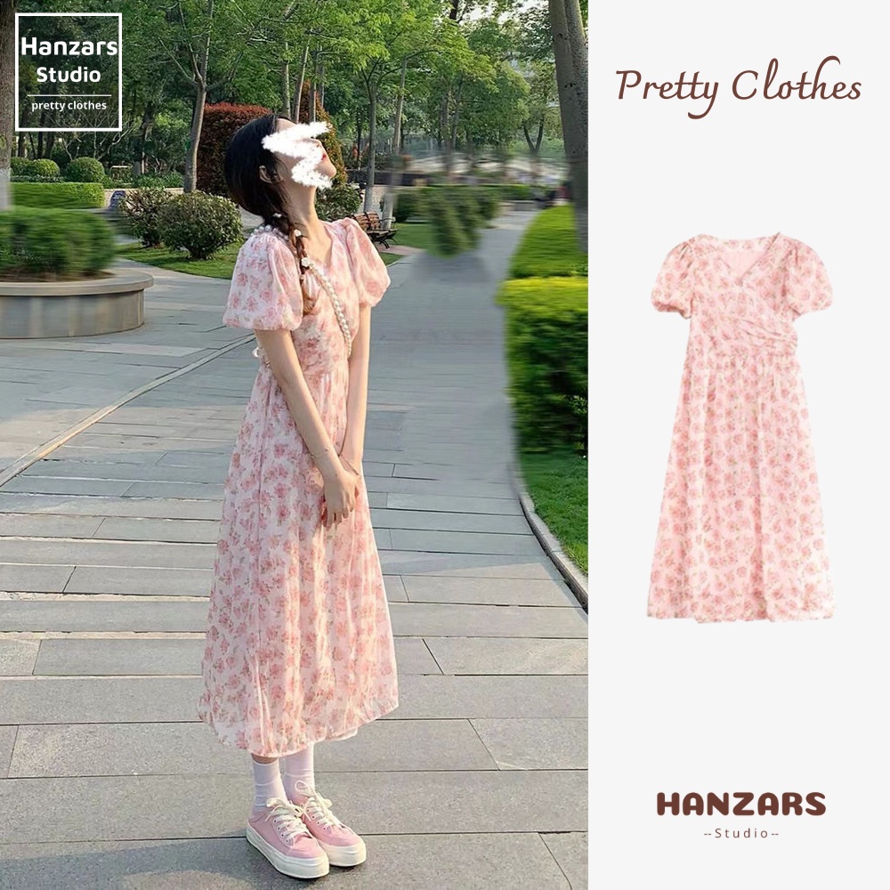 Váy Hoa Nhí Tay Phồng Màu Hồng Cổ Chữ V Dáng Dài Style Ulzzang Có Dây Cột Eo Hanzars.studio 4