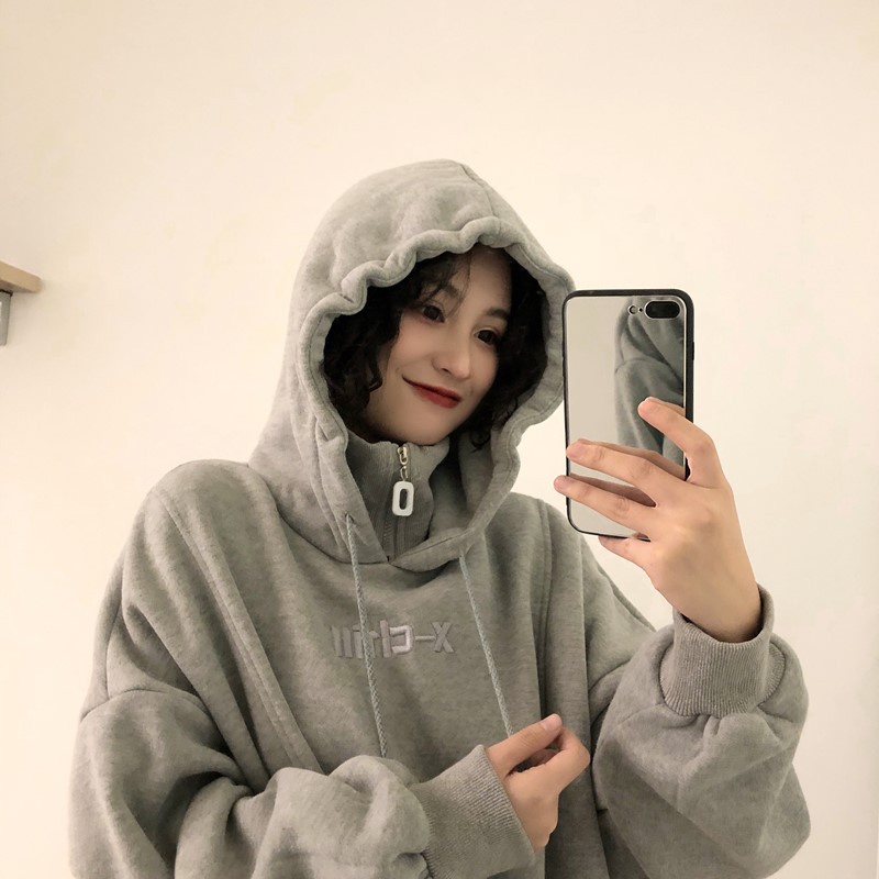 IELGY Áo hoodie dáng rộng cỡ lớn phong cách mùa đông thoải mái cho nữ