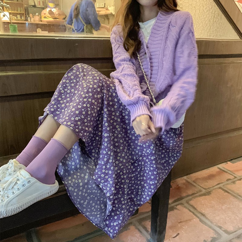 (SẴN HÀNG) Chân váy hoa nhí midi màu tím retro dáng dài style vintage Hàn Quốc điệu hè 2020 | BigBuy360 - bigbuy360.vn