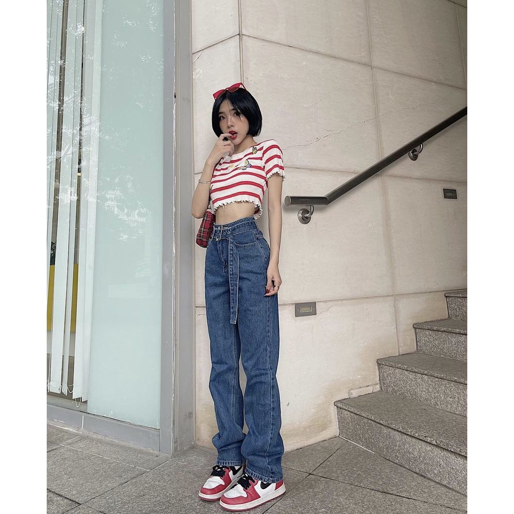 Quần jeans dáng suông CHICMONKI kèm belt màu đậm CMJ1039