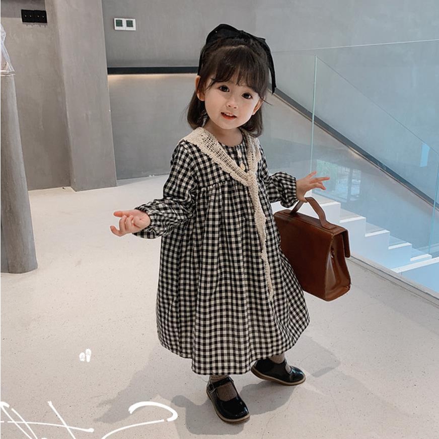 VL39 Size90-130 (9-28kg) Váy đầm bé gái (Đầm vintage vải thô kèm khăn) Thời trang trẻ Em hàng quảng châu