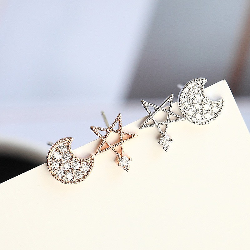 Khuyên tai bạc 925 trăng và sao đính đá nhỏ nhắn dễ thường trẻ trung đáng yêu K5568-2