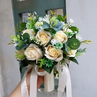 BÓ HOA CƯỚI CẦM TAY CÔ DÂU HOA HỒNG SÁP MÀU KEM CAM PASTEL ĐIỂM LÁ XANH VINTAGE