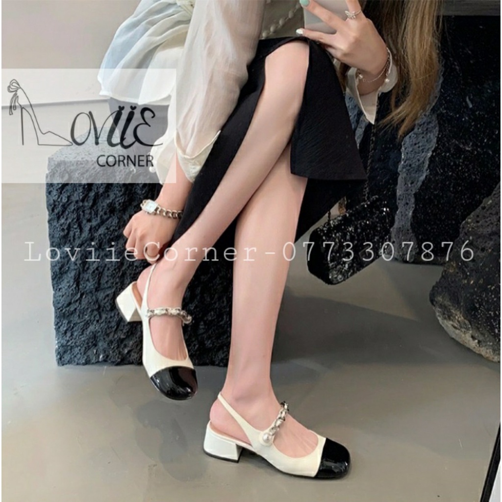 GIÀY CAO GÓT LOVIIE CORNER - GIÀY NỮ BÍT MŨI PHỐI XÍCH - CAO GÓT ĐẾ VUÔNG 5 PHÂN G220216 G220316