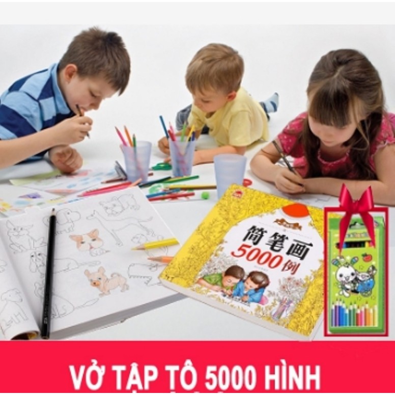 COMBO 15 BỘ SÁCH TÔ MÀU 5000 HÌNH TẶNG KÈM 12 CÂY BÚT MÀU