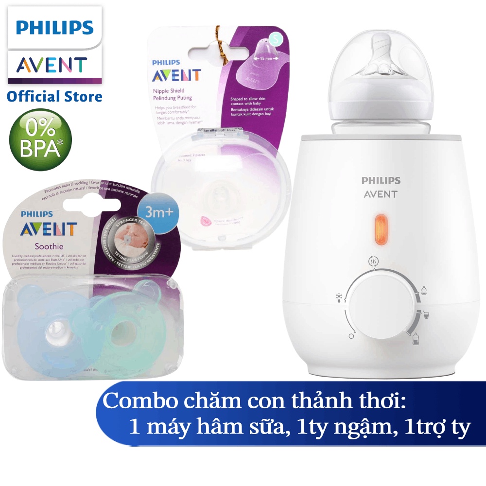 Combo chăm con thảnh thơi từ Philips Avent (máy hâm sữa, trợ ty, ty ngậm)