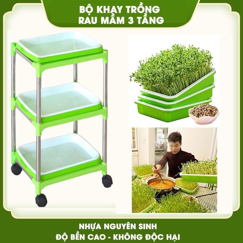 Kệ trồng rau mầm 3 tầng 3 khay có bánh xe và vòi xịt