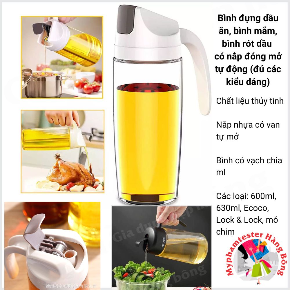 Bình đựng dầu thủy tinh có nắp đóng mở tự động