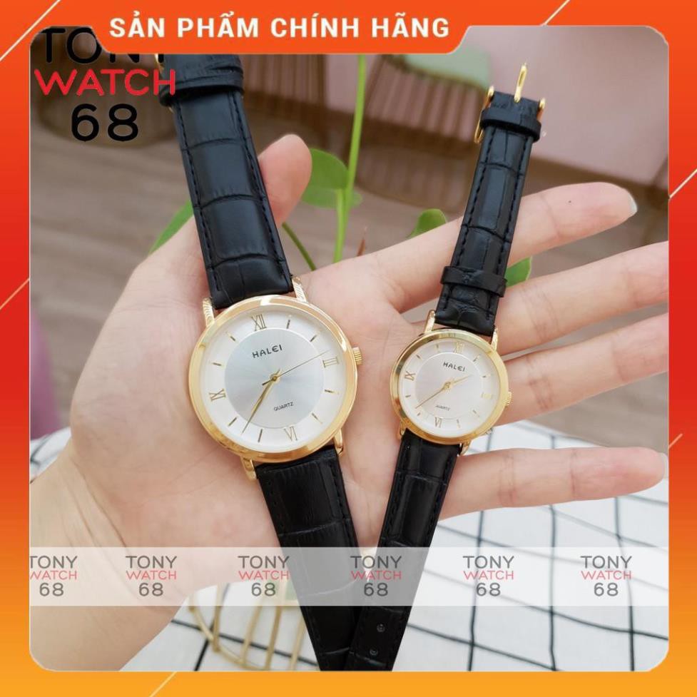 Hot!!! Đồng Hồ Nam Dây Da Nâu Mặt Trắng Viền Vàng Halei Chính Hãng Tony Watch 68 giá re