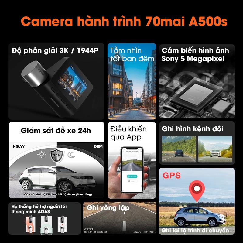 Camera hành trình ô tô 70mai Dash cam Pro Plus + A500S độ phân giải 1944P