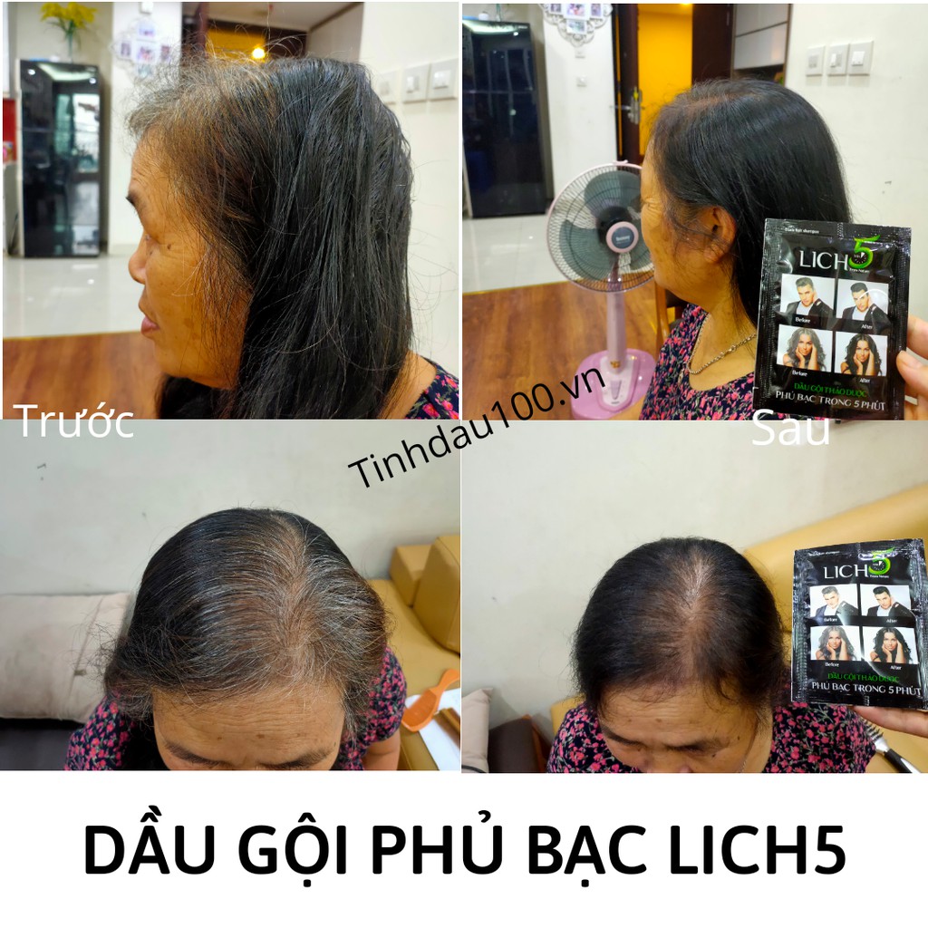 Dầu gội Phủ bạc Lich5 (hộp 10 gói). Gội là đen ngay tại nhà. Không ngứa, mượt tóc, mùi thơm dễ chịu Tinh Dầu 100 Shop