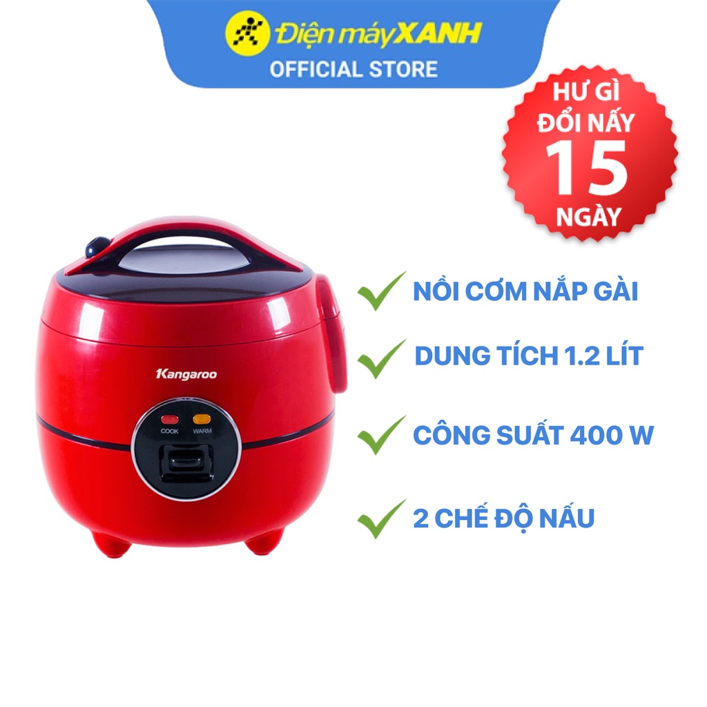 Nồi cơm điện nắp gài Kangaroo KG822 đỏ 1.2 lít  400 W lòng nồi chống dính - Chính hãng BH 12 tháng