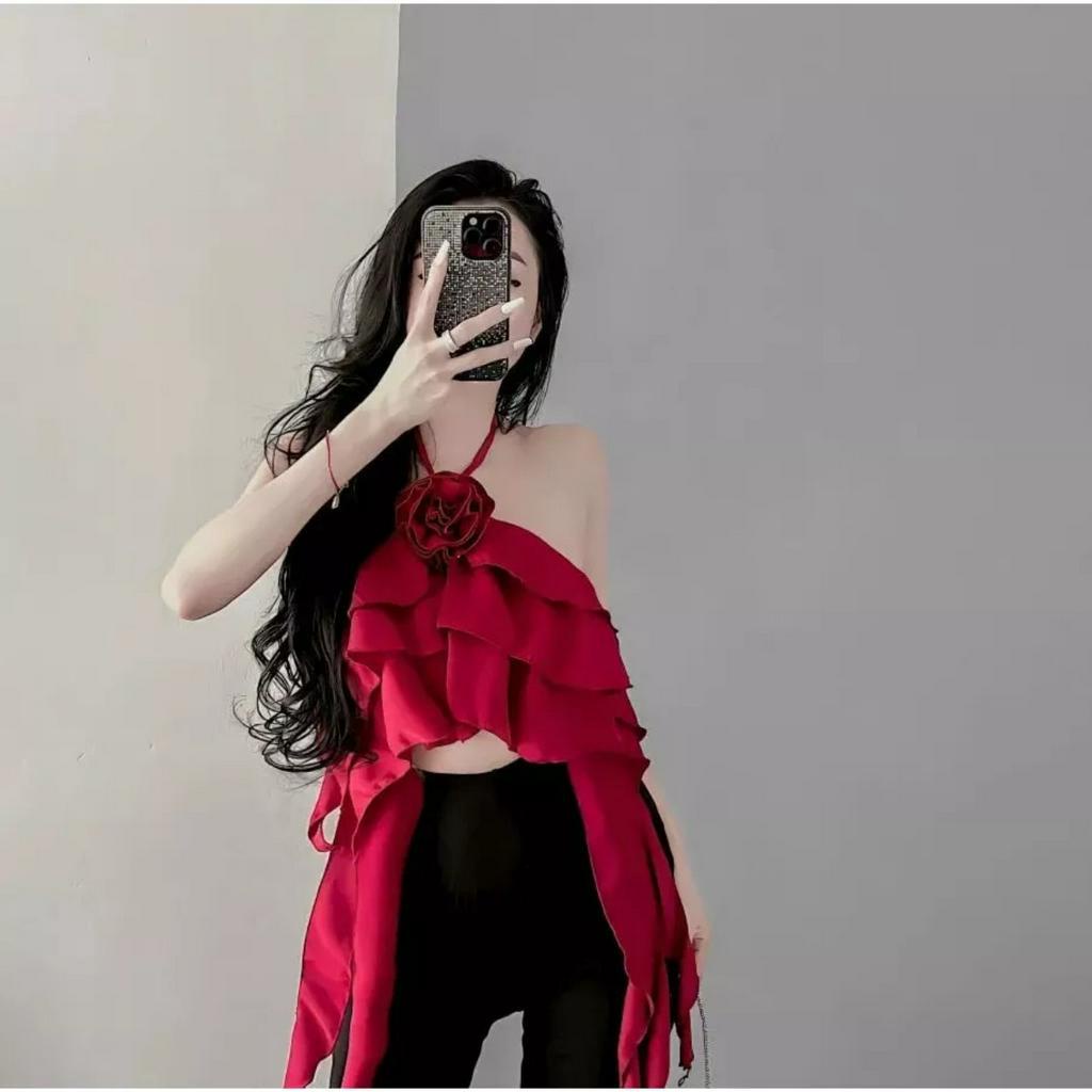 Áo kiểu nữ,Áo lụa cột cổ kết bông thời trang sành điệu hot trend