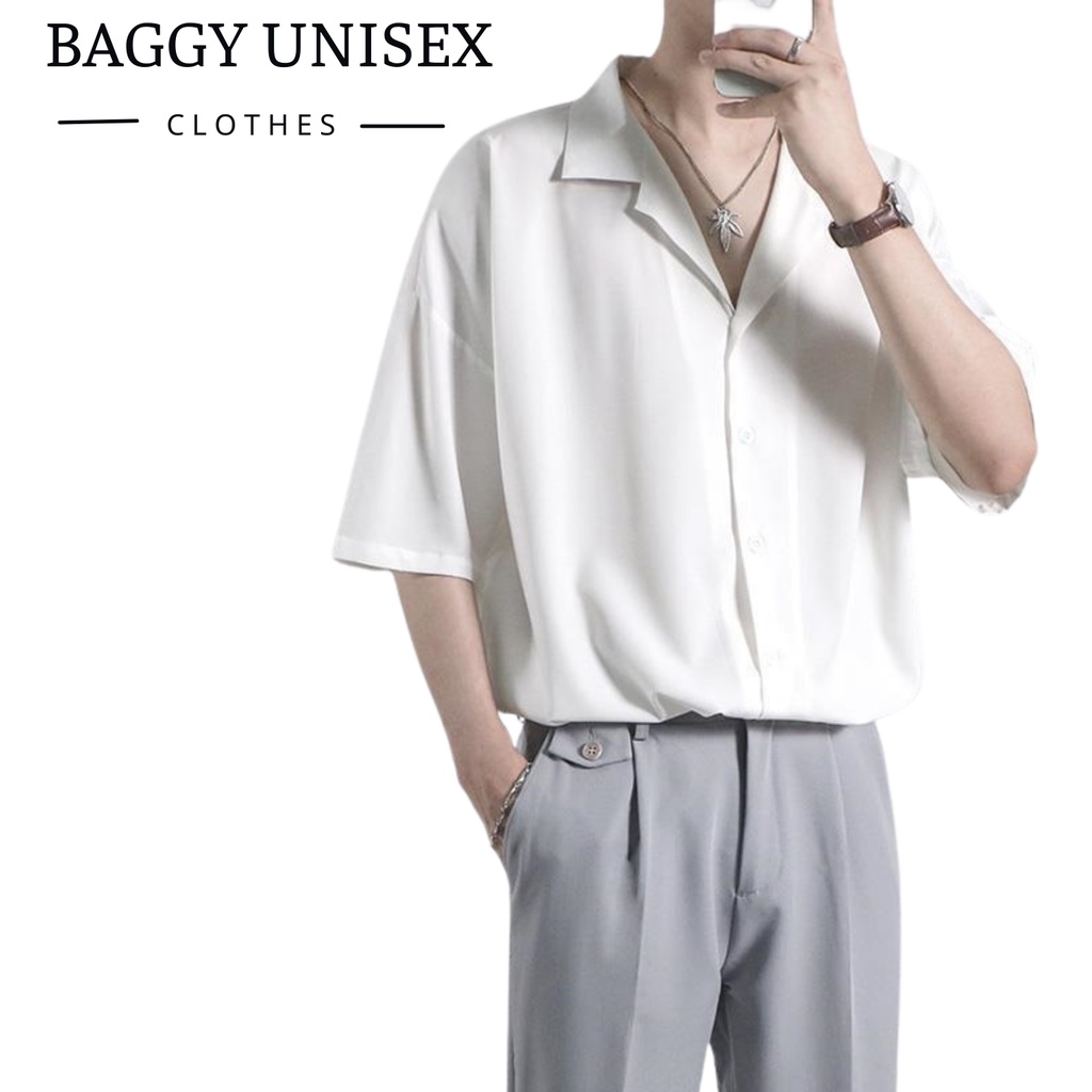 Áo Sơ Mi Tay Ngắn Nam Nữ Form Rộng Sơ Mi Cổ Vest Unisex Chất Vải Lụa Đen Trắng I"m Basic