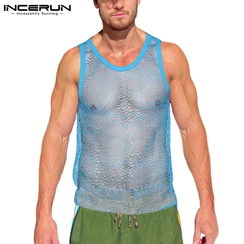 Áo sát nách INCERUN không tay dáng rộng thiết kế xuyên thấu thời trang cho nam