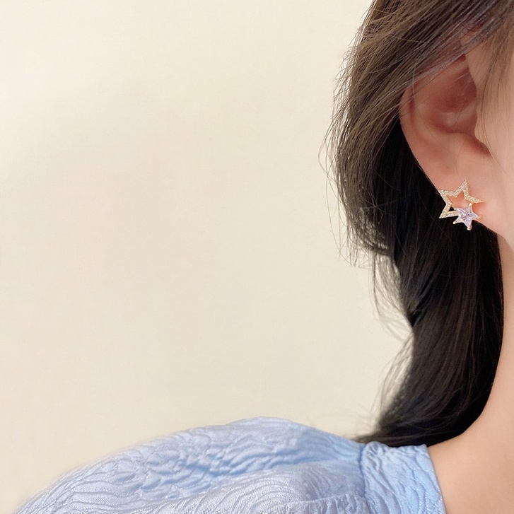Khuyên tai bạc 925 thiết kế hình ngôi sao đính đá zircon thời trang xinh xắn cho nữ