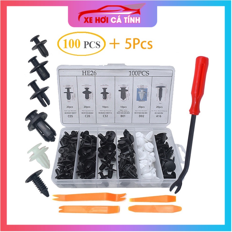 Bộ 100 ốc vít Ô Tô Kẹp Nhựa Tự Động Gắn Cửa Pin Loại Bỏ Bình Giữ Nhiệt Đinh Tán Ốc Vít dành cho thợ sửa xe tại nhà HE26