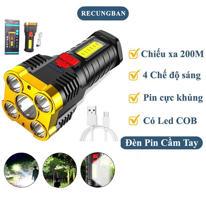 Đèn Pin Siêu Sáng -  Đèn Pin Cầm Tay Chắc Chắn Có 5 Bóng 4 Chế Độ Sáng Tiện Dụng, Chống Thấm Nước, Có Cob Led Hông