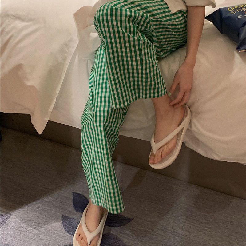 Jiashucheng Quần Dài Mặc Ở Nhà Dáng Rộng Kẻ Sọc Ca Rô Màu Xanh Lá Thời Trang Mùa Hè Cho Nữ