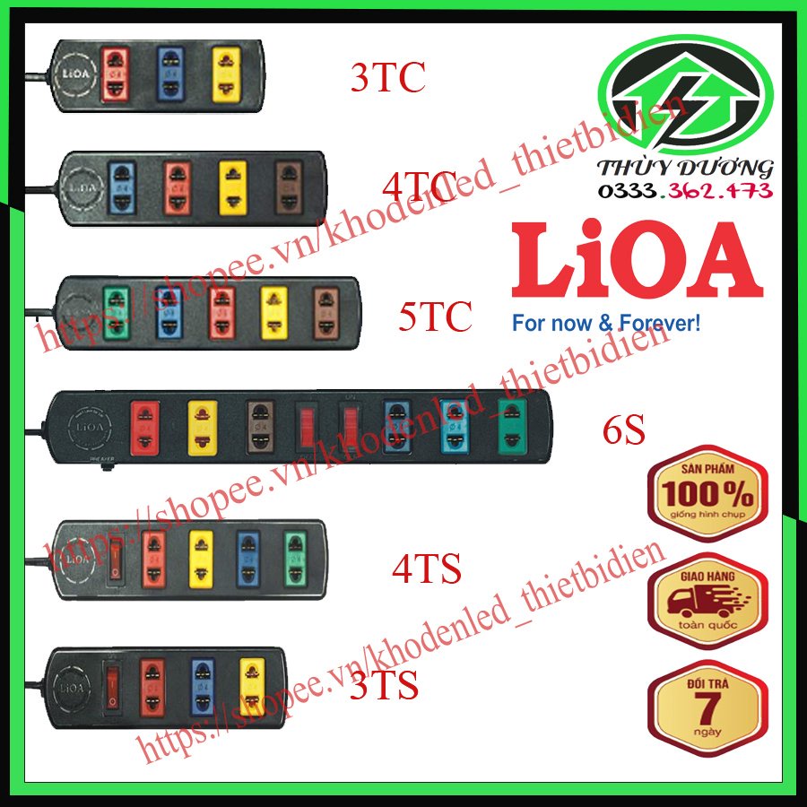 Ổ cắm điện LiOA, ổ điện phổ thông 3 lỗ, 4 lỗ, 5 lỗ, 6 lỗ dây dài 3m/5m