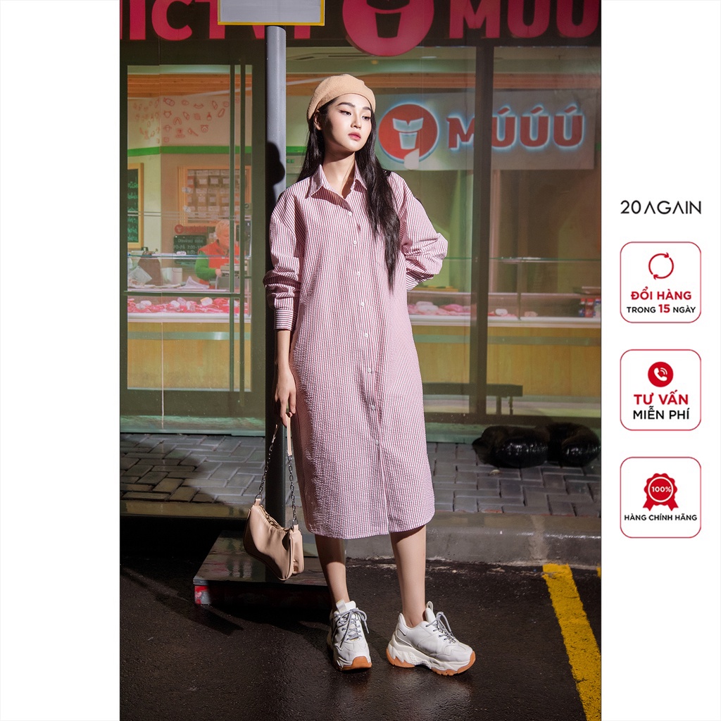 Đầm kẻ tay lỡ 20Again, thiết kế form suông cách điệu, xinh xắn DDA2465