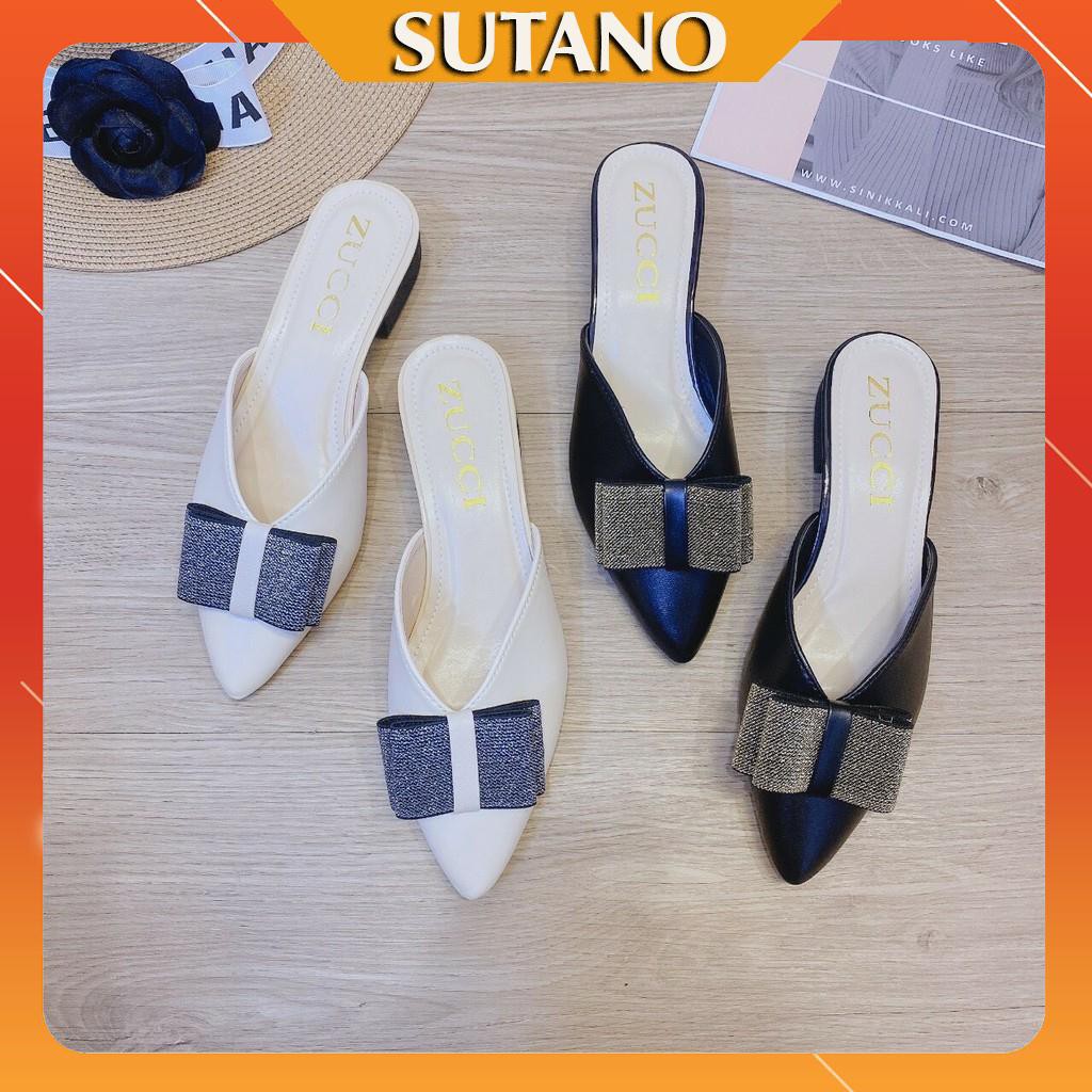 giày sục nữ thời trang đính kèm nơ kim tuyến lấp lánh S227 SUTANO