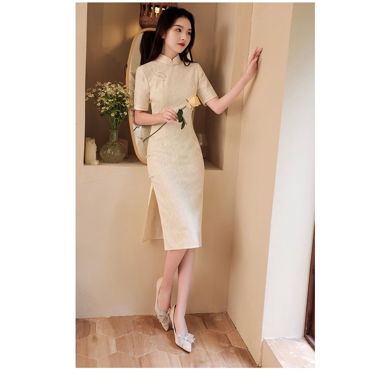 Đầm Sườn Xám Tay Ngắn Phối Ren Phong Cách Trung Hoa Quyến Rũ Size S-2XL