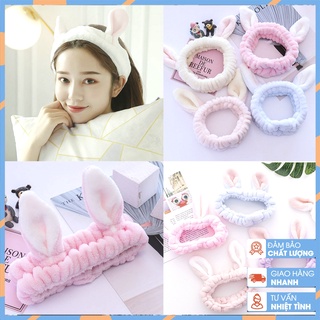 Băng đô rửa mặt cài tóc tai thỏ tai mèo cute màu hồng xanh trắng vải nhung cao cấp co giãn thời trang nữ