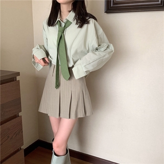 Bộ Áo Sơ Mi Dáng Rộng + Chân Váy Xếp Li Lưng Cao Xinh Xắn Dành Cho Nữ 42602