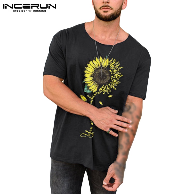 INCERUN Áo Thun Nam Ngắn Tay Cổ Tròn In Hoa