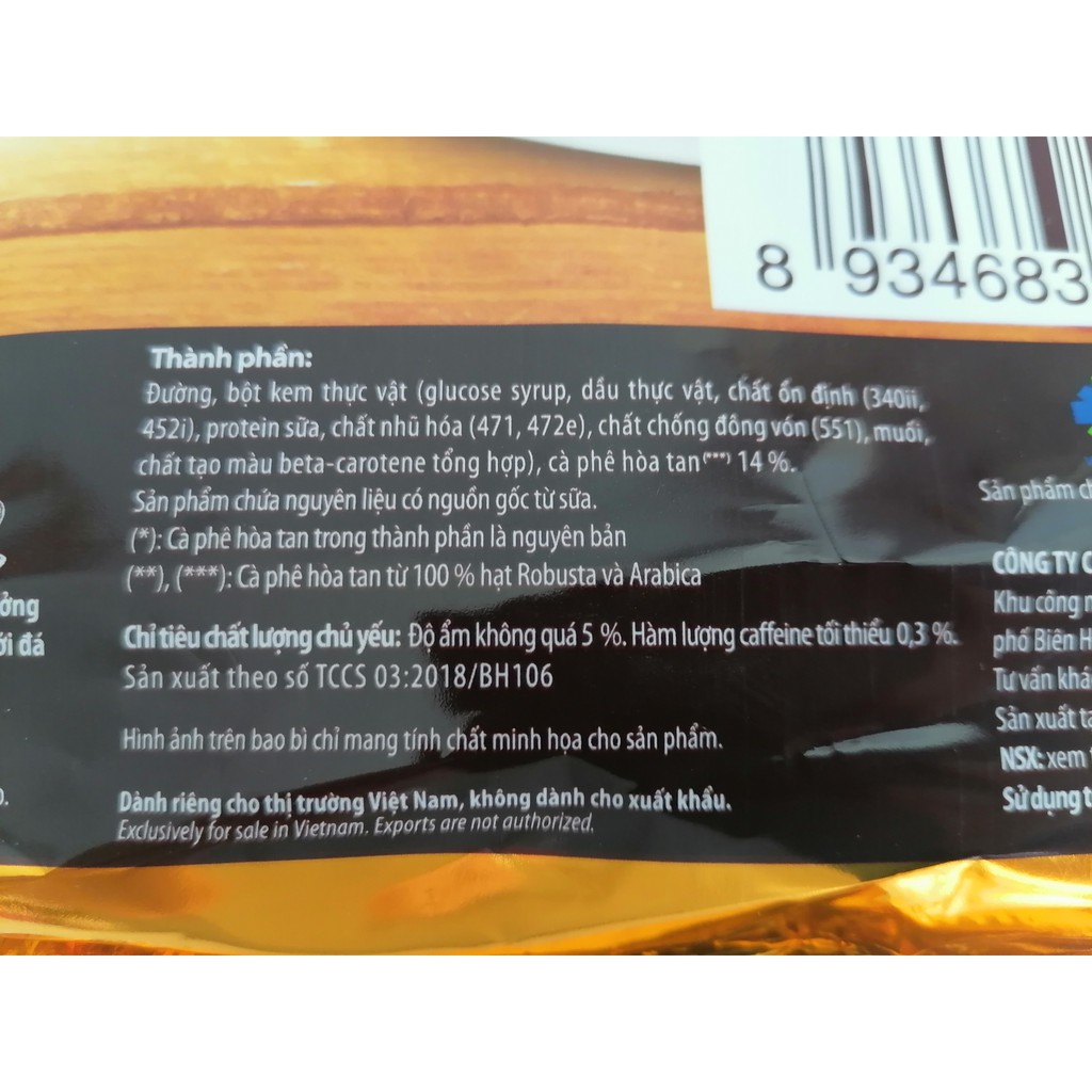 [TÚI LỚN 800g (40 gói x 20g)] CÀ PHÊ SỮA HÒA TAN 3 IN 1 [VN] VINACAFE Café Gold Original