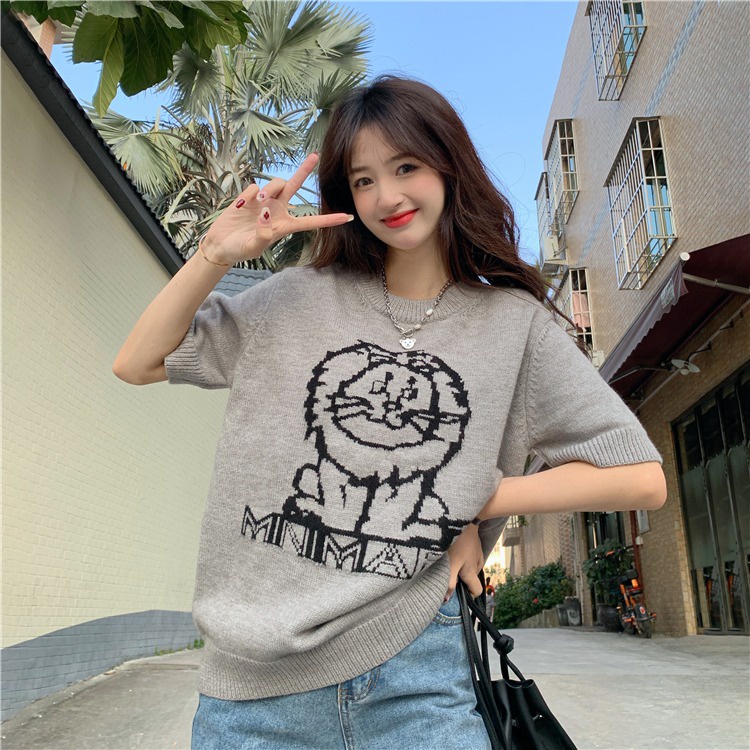 ZHELIHANGFEI Áo len dệt kim thêu ngắn tay áo ngắn tay kiểu dáng rộng rãi đa năng