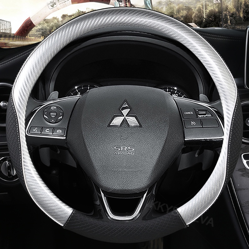 Bọc Vô Lăng Xe Hơi Mitsubishi Xpander Lancer ASX Triton 38cm Chất Liệu Da Phối Sợi Carbon