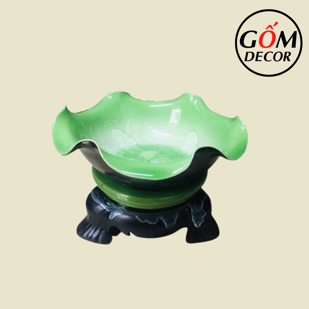 Bát Thả Hoa Sen Bát Tụ Lộc "Minh Đường Tụ Thủy" Men Thủy Tinh Xanh Bát Tràng