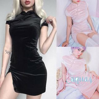 Sườn Xám Vải Nhung Thiết Kế Tay Ngắn Màu Đen Nữ Tính