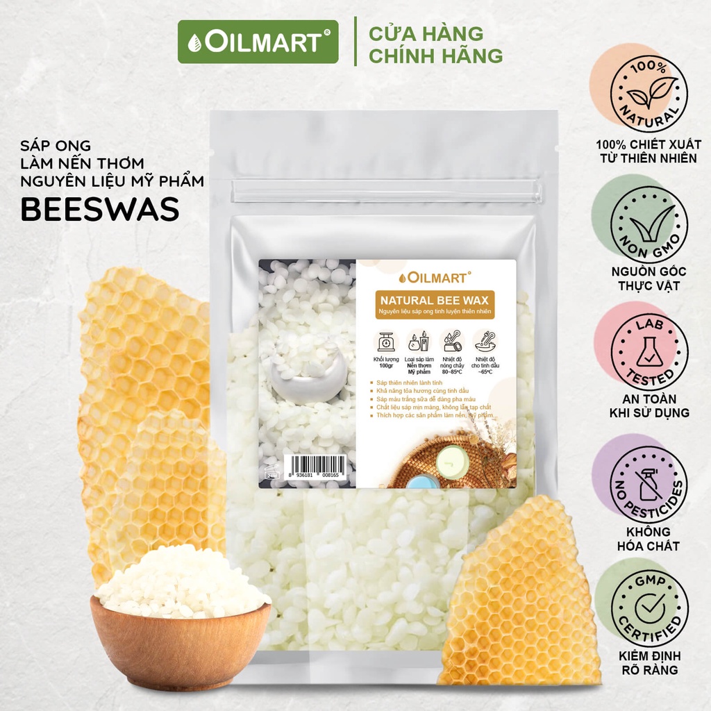 Sáp Ong Tự Nhiên Oilmart Natural Beeswax dạng viên, màu trắng ngà làm nến, son, kem dưỡng.