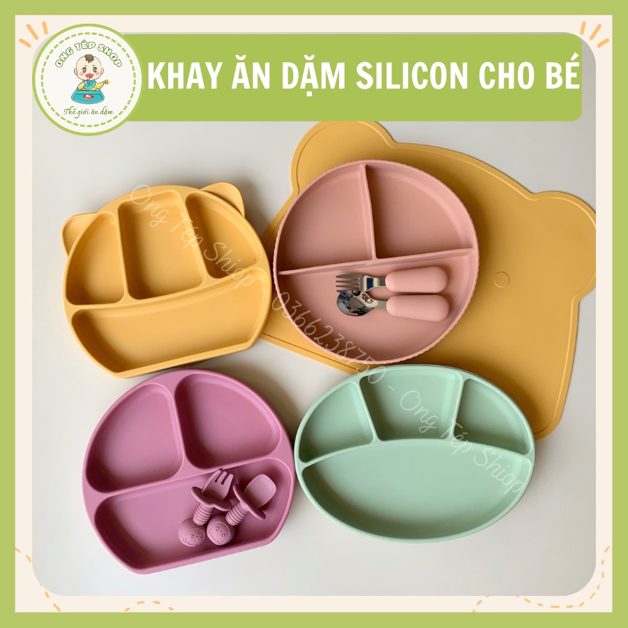 Khay ăn dặm silicon tròn 3 ngăn có đế hút chống đổ, khay ăn dặm gấu silicon, khay ăn dặm hình oval