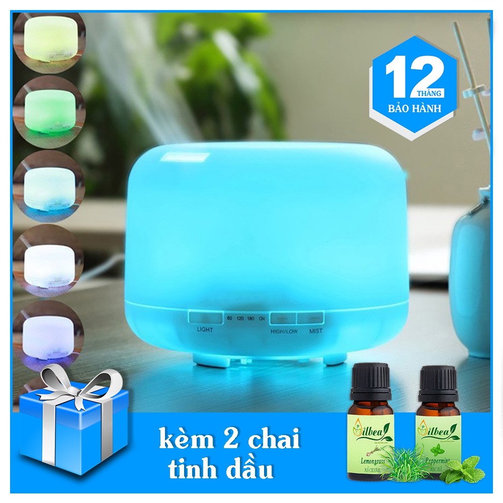 Máy xông tinh dầu phun sương tạo ẩm 500ml kèm 2 tinh dầu bạc hà và sả chanh 10ml