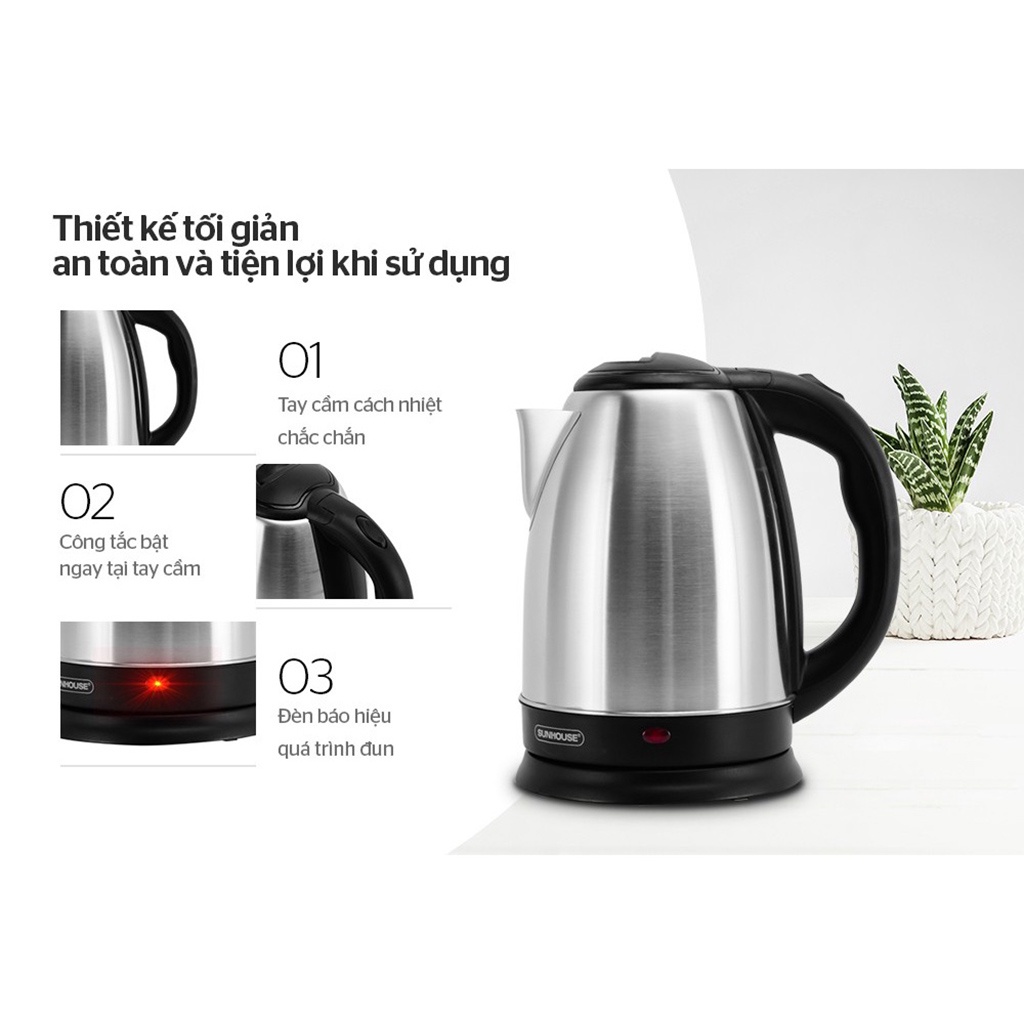 Ấm Siêu Tốc Inox 1.8L SUNHOUSE SHD1182 - Ấm Siêu Tốc SunHouse Chính Hãng - An toàn - BH 12T